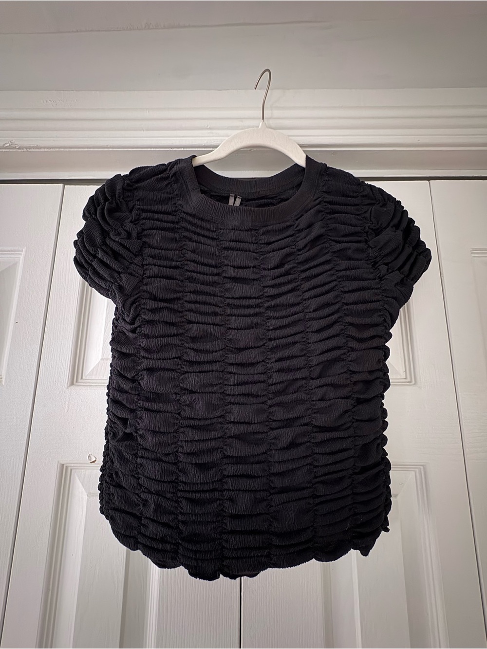 Anthropologie Black Ruched Short-Sleeve Top